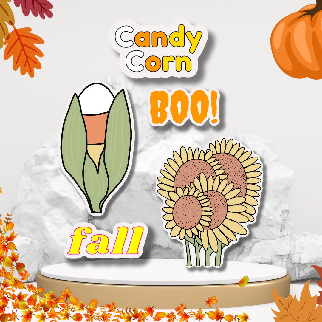 Fall Sticker Pack (5 Stickers), Sunflower, Candy Corn, October, Fall